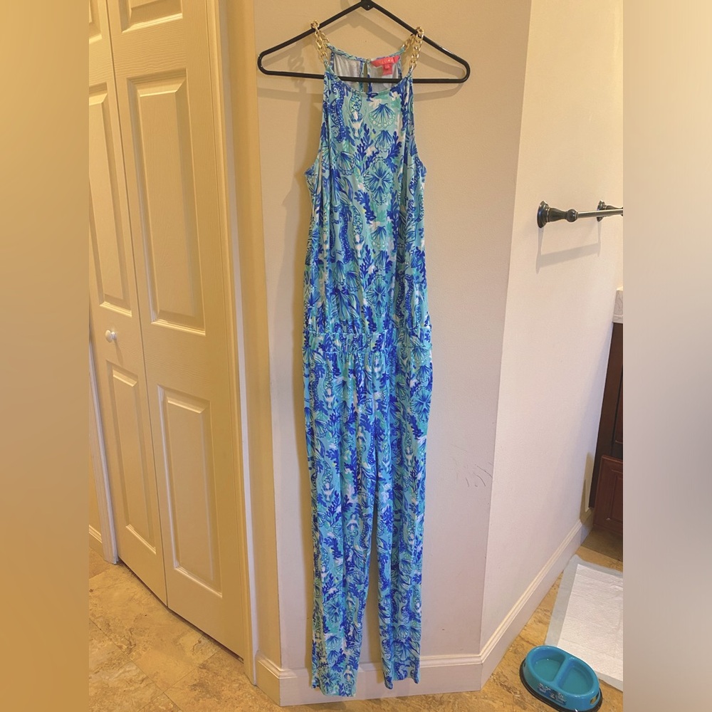Lily Pulitzer, one piece romper with gold metal bracelet like collar